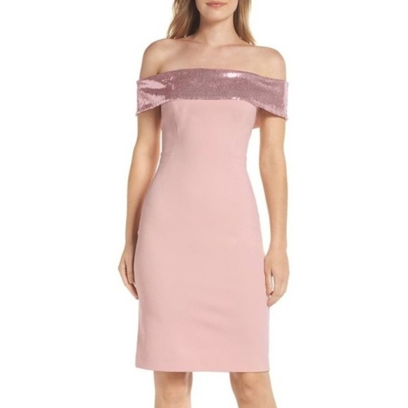 Eliza J Off The Shoulder Sequin Foldover Neck Pink Sheath Dress Pink Size 0 - Picture 1 of 5